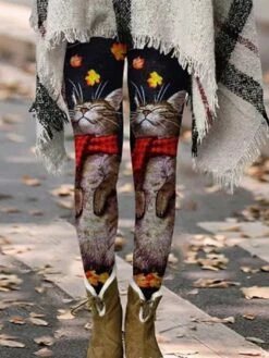 Women's Xmas Tights Leggings Dark Grey Matt Black Creamy-white Fashion Christmas Cat Maple Casual Full Length Thermal Warm Cat S M L XL 2XL -Xmas Cothing Store sxajls1665660338947