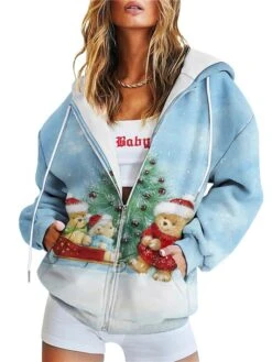 Women's Teddy Coat Hoodie Jacket Warm Breathable Outdoor Daily Wear Vacation Going Out Pocket Print Zipper Hoodie Active Sports Comfortable Christmas Cartoon Regular Fit Outerwear Long Sleeve Winter -Xmas Cothing Store sxpggb1667452707994