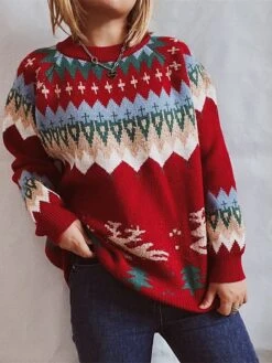 Women's Ugly Christmas Sweater Pullover Sweater Jumper Crew Neck Crochet Knit Acrylic Knitted Fall Winter Christmas Holiday Stylish Casual Soft Long Sleeve Xmas Tree White Red Navy Blue S M L -Xmas Cothing Store sxvpqv1659415004649