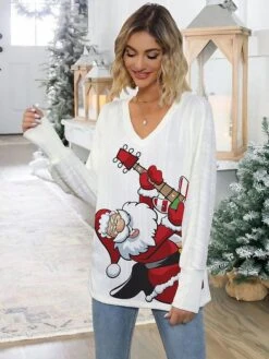 Women's Ugly Christmas Sweater Pullover Sweater Jumper V Neck Ribbed Knit Polyester Knitted Print Fall Winter Regular Outdoor Christmas Holiday Daily Stylish Casual Long Sleeve Santa Claus Elk Wine