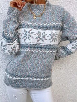 Women's Ugly Christmas Sweater Pullover Sweater Jumper Stand Collar Ribbed Knit Polyester Patchwork Fall Winter Regular Outdoor Christmas Daily Stylish Casual Soft Long Sleeve Snowflake Pink Blue -Xmas Cothing Store syefgs1696903359209