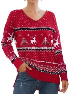 Women's Ugly Christmas Sweater Pullover Sweater Jumper Christmas Sweaters V Neck Ribbed Knit Polyester Split Knitted Asymmetric Hem Fall Winter Regular Outdoor Christmas Daily Stylish Casual Soft