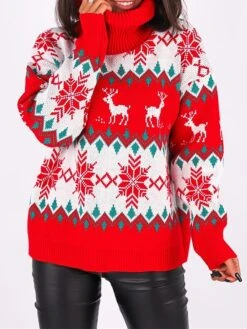 Women's Ugly Christmas Sweater Pullover Sweater Jumper Turtleneck Ribbed Knit Acrylic Oversized Fall Winter Regular Outdoor Christmas Daily Stylish Casual Soft Long Sleeve Elk Snowflake Black Red S M