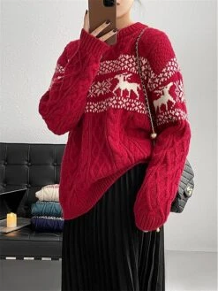 Women's Ugly Christmas Sweater Pullover Sweater Jumper Christmas Sweaters Crew Neck Cable Knit Acrylic Knitted Fall Winter Regular Outdoor Christmas Daily Fashion Casual Soft Long Sleeve Elk Snowflake -Xmas Cothing Store szbebg1697785168027