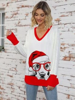 Women's Ugly Christmas Sweater Pullover Sweater Jumper V Neck Ribbed Knit Polyester Knitted Print Fall Winter Regular Outdoor Christmas Holiday Daily Stylish Casual Long Sleeve Animal White Wine S M L -Xmas Cothing Store taclbf1697626858826