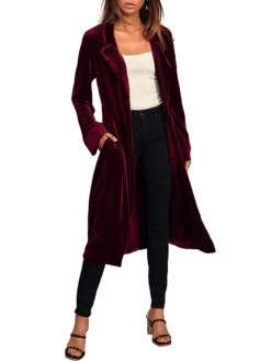 Women's Velvet Blazer Long Trench Coat Party Christmas Overcoat With Belt Open Front Halloween Xmas Cardigan Jacket Warm Stylish Casual Street Jacket Long Sleeve With Pockets Claret Black Yellow -Xmas Cothing Store tajggo1694681305323