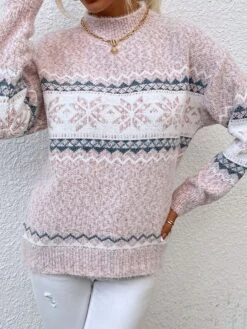 Women's Ugly Christmas Sweater Pullover Sweater Jumper Stand Collar Ribbed Knit Polyester Patchwork Fall Winter Regular Outdoor Christmas Daily Stylish Casual Soft Long Sleeve Snowflake Pink Blue -Xmas Cothing Store tarhne1696903351552