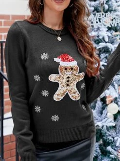 Women's Ugly Christmas Sweater Pullover Sweater Jumper Crew Neck Ribbed Knit Acrylic Sequins Embroidered Fall Winter Regular Christmas Daily Xmas Stylish Casual Soft Long Sleeve Animal Elk Black -Xmas Cothing Store tarkao1695029185403