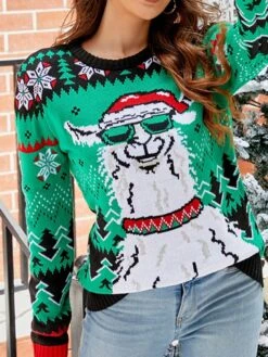 Women's Ugly Christmas Sweater Pullover Sweater Jumper Crew Neck Ribbed Knit Acrylic Patchwork Fall Winter Regular Xmas Daily Going Out Stylish Casual Soft Long Sleeve Animal Elk Snowman Black -Xmas Cothing Store tawftu1695029171449