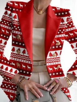 Women's Christmas Blazer Xmas Jacket SantaXmas Tree Print Fall Casual / Daily Outerwear Long Sleeve Wine Red Green