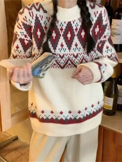 Women's Ugly Christmas Sweater Cardigan Sweater Crew Neck Ribbed Knit Knit Patchwork Oversized Fall Winter Regular Outdoor Christmas Daily Stylish Vintage Style Casual Long Sleeve Geometric Red Beige