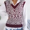 Women's Xmas Sweater Vest V Neck Ribbed Knit Acrylic Button Fall Winter Regular Outdoor Christmas Daily Stylish Casual Soft Sleeveless Snowflake Wine Blue Khaki S M L -Xmas Cothing Store tdszzb1695111128172