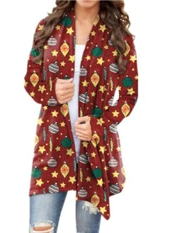 Women's Ugly Christmas Sweater Cardigan Pullover Sweater Jumper Open Front Knit Polyester Print Fall Winter Christmas Daily Holiday Xmas Stylish Basic Casual Long Sleeve Animal Geometric Snowman Red -Xmas Cothing Store teycxe1636616420855