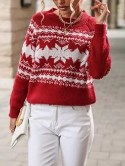 Women's Christmas Sweater Xmas Pullover Jumper Knitted Geometric Snowflake Stylish Casual Long Sleeve Sweater Cardigans Crew Neck Fall Winter Wine -Xmas Cothing Store tgjani1636714038528