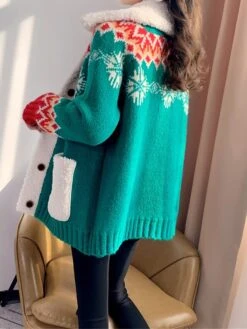 Women's Ugly Christmas Sweater Cardigan Sweater Shirt Collar Ribbed Knit Polyester Button Pocket Fall Winter Regular Outdoor Christmas Daily Stylish Casual Soft Long Sleeve Geometric Snowflake Red -Xmas Cothing Store thbndj1696903330219