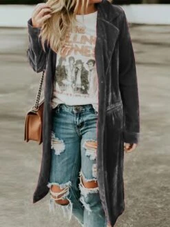 Women's Velvet Blazer Long Overcoat Single Breasted Lapel Trench Coat Christmas Valentine's Day Winter Coat Windproof Warm Jacket Long Sleeve With Pocket Black Yellow Grey -Xmas Cothing Store tiixko1690976309096