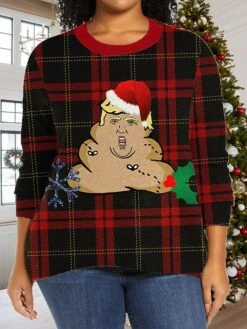 Women's Ugly Christmas Sweater Plus Size Pullover Sweater Jumper Jumper Ribbed Knit Regular Print Plaid Crew Neck Stylish Casual Outdoor Xmas Fall Winter Wine Green XL 2XL 3XL