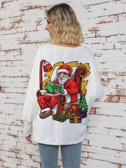 Women's Ugly Christmas Sweater Pullover Sweater Jumper V Neck Ribbed Knit Polyester Knitted Print Fall Winter Regular Outdoor Christmas Holiday Daily Stylish Casual Long Sleeve Letter Santa Claus -Xmas Cothing Store tiwxxc1697697961369