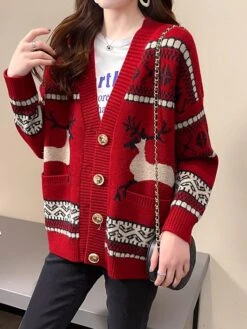 Women's Ugly Christmas Sweater Cardigan Sweater Jacket V Neck Ribbed Knit Polyester Button Pocket Knitted Fall Winter Regular Outdoor Christmas Daily Stylish Ethnic Style Casual Long Sleeve Geometric -Xmas Cothing Store tiydtw1697291425264