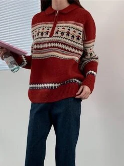 Women's Ugly Christmas Sweater Pullover Sweater Jumper Christmas Sweaters Shirt Collar Ribbed Knit Polyester Knitted Print Fall Winter Regular Outdoor Christmas Daily Stylish Casual Soft Long Sleeve -Xmas Cothing Store tkmvgd1697290919153