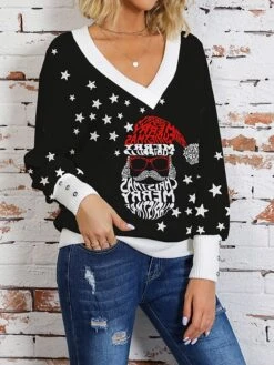 Women's Ugly Christmas Sweater Pullover Sweater Jumper V Neck Crochet Knit Print Drop Shoulder Fall Winter Regular Christmas Stylish Casual Soft Long Sleeve Santa Claus Snowflake Black Wine Army Green