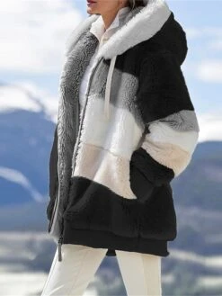Women's Plus Size Fleece Sherpa Jacket Teddy Coat With Hood Christmas Windproof Warm Zipper Coat Fashion Plush Outdoor Xmas Casual Color Block Regular Fit Outerwear Long Sleeve Fall -Xmas Cothing Store tkybml1695715071988