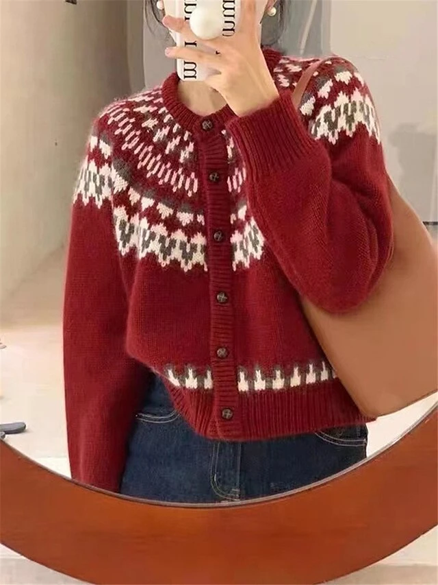 Women's Ugly Christmas Sweater Cardigan Sweater Crew Neck Ribbed Knit Rayon Patchwork Button Fall Winter Xmas Daily Going Out Stylish Casual Soft Long Sleeve Geometric Color Block Red Navy Blue 7 Women's Ugly Christmas Sweater Cardigan Sweater Crew Neck Ribbed Knit Rayon Patchwork Button Fall Winter Xmas Daily Going Out Stylish Casual Soft Long Sleeve Geometric Color Block Red Navy Blue - Image 5