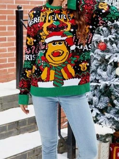 Women's Ugly Christmas Sweater Pullover Sweater Jumper Crew Neck Ribbed Knit Acrylic Oversized Fall Winter Short Xmas Daily Going Out Stylish Casual Soft Long Sleeve Letter Elk 1072 Christmas -Xmas Cothing Store tlgqnh1695262573762