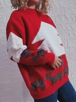 Women's Ugly Christmas Sweater Pullover Sweater Jumper Crew Neck Ribbed Knit Polyester Patchwork Fall Winter Regular Outdoor Christmas Daily Stylish Casual Soft Long Sleeve Elk Christmas Tree Red -Xmas Cothing Store tmjzbc1696903346273