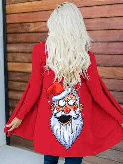 Women's Christmas Casual Jacket Xmas Santa Claus Print Red Open Front Cardigan Fashion Loose Fit Outerwear Long Sleeve White S