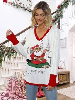Women's Ugly Christmas Sweater Pullover Sweater Jumper V Neck Ribbed Knit Polyester Knitted Print Fall Winter Regular Outdoor Christmas Holiday Daily Stylish Casual Long Sleeve Santa Claus Snowflake -Xmas Cothing Store tnvzbf1697771285810