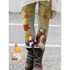 Women's Tights Leggings Full Length Print Micro-elastic Mid Waist Fashion Christmas Gifts Christmas Black Yellow S M