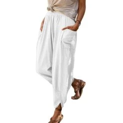 Women‘s Cotton Linen Pants With Side Pockets Christmas Wide-Leg Loose Casual Summer Fall White Light Blue S 2XL -Xmas Cothing Store tpmhwv1675064121441