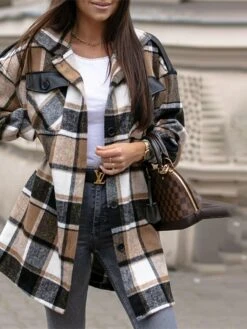 Women's Casual Jacket Windproof Warm Outdoor Christmas Vacation Xmas Smocked Single Breasted Turndown Street Shacket Stripes And Plaid Regular Fit Outerwear Long Sleeve Winter Fall Green Red -Xmas Cothing Store tpobxr1659583522701