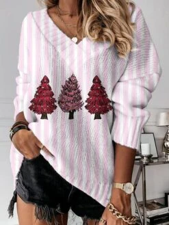 Women's Pullover Sweater Jumper V Neck Crochet Knit Polyester Print Drop Shoulder Summer Spring Fall Regular Christmas Daily Stylish Casual Soft Long Sleeve Xmas Tree Print White Pink Red S M L