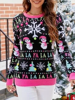 Women's Ugly Christmas Sweater Pullover Sweater Jumper Crew Neck Ribbed Knit Acrylic Patchwork Fall Winter Regular Xmas Daily Going Out Stylish Casual Soft Long Sleeve Animal Elk Snowman Black -Xmas Cothing Store tqwjge1695029185768