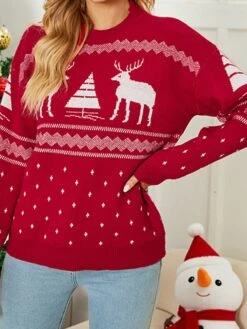 Women's Ugly Christmas Sweater Pullover Sweater Jumper Crew Neck Ribbed Knit Acrylic Knitted Fall Winter Xmas Holiday Stylish Casual Soft Long Sleeve Animal Christmas Tree Red Navy Blue S M L