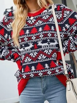 Women's Ugly Christmas Sweater Pullover Sweater Jumper Crew Neck Ribbed Knit Polyester Knitted Print Fall Winter Xmas Holiday Stylish Casual Soft Long Sleeve Christmas Tree Snowflake Argyle Red -Xmas Cothing Store trvkwi1664518150708