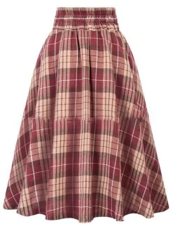 Women's Skirt Christmas Plaid Skirt Midi Cotton Blend Camel Black Wine Red Skirts Fall & Winter Ruched Print High Waist Fashion Casual Xmas Street S M L -Xmas Cothing Store trxfsz1694067270520