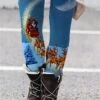 Women's Tights Leggings Blue Dark Blue Brown Mid Waist Fashion Christmas Gifts Casual Print Micro-elastic Full Length Comfort Santa Claus S M L XL XXL / Slim -Xmas Cothing Store tsaxup1656644893623