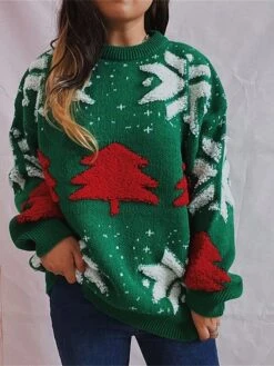 Women's Ugly Christmas Sweater Pullover Sweater Jumper Crew Neck Ribbed Knit Acrylic Oversized Fall Winter Regular Outdoor Christmas Daily Stylish Casual Soft Long Sleeve Christmas Tree Snowflake Red -Xmas Cothing Store tsfhsj1696903376202
