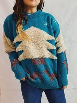 Women's Ugly Christmas Sweater Pullover Sweater Jumper Crew Neck Ribbed Knit Polyester Oversized Fall Winter Regular Outdoor Christmas Daily Stylish Casual Soft Long Sleeve Elk Christmas Tree -Xmas Cothing Store tskkzq1696903378376