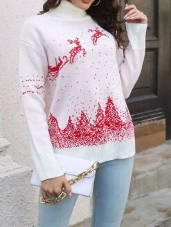 Women's Ugly Christmas Sweater Pullover Sweater Jumper Turtleneck Ribbed Knit Acrylic Patchwork Fall Winter Regular Outdoor Christmas Daily Stylish Casual Soft Long Sleeve Elk Christmas Tree White Red
