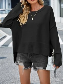 Women's Ugly Christmas Sweater Pullover Sweater Jumper Crew Neck Ribbed Knit Acrylic Split Flare Cuff Sleeve Fall Winter Regular Outdoor Christmas Daily Stylish Casual Soft Long Sleeve Solid Color -Xmas Cothing Store tsstae1696823519115