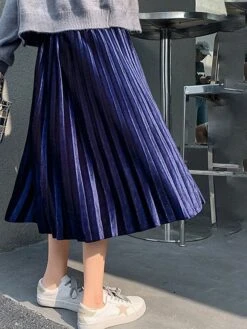 Women's Skirt A Line Swing Midi Gold Velvet Wine Red Black Pink Navy Blue Skirts Fall & Winter Pleated High Waist Fashion Elegant Christmas Xmas Street M L XL -Xmas Cothing Store tucwiq1694689578300