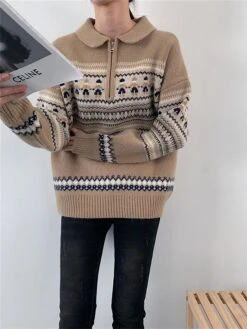 Women's Ugly Christmas Sweater Pullover Sweater Jumper Christmas Sweaters Shirt Collar Ribbed Knit Polyester Knitted Print Fall Winter Regular Outdoor Christmas Daily Stylish Casual Soft Long Sleeve -Xmas Cothing Store tudica1697290944731