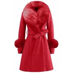 Women's Winter Coat Long Overcoat With Faux Fur Wool Blend Belted Dress Coat Open Front Lapel Pea Coat Fall Elegant Lady Jacket Christmas Party Xmas Outerwear Pink Red