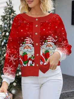 Women's Ugly Christmas Sweater Cardigan Sweater Jacket Crew Neck Ribbed Knit Polyester Button Knitted Print Fall Winter Short Outdoor Christmas Holiday Daily Stylish Casual Long Sleeve Santa Claus