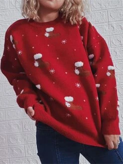 Women's Ugly Christmas Sweater Pullover Sweater Jumper Crew Neck Ribbed Knit Polyester Patchwork Fall Winter Regular Outdoor Christmas Daily Stylish Casual Soft Long Sleeve Color Block Snowflake Red -Xmas Cothing Store tuzlqy1696918492105