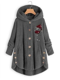 Women‘s Plus Size Christmas Fleece Jacket Teddy Coat Warm Button Pocket Graphic Hat Outdoor Xmas Long Sleeve Hooded Regular Winter Fall Black Pink Wine L XL XXL 3XL 4XL -Xmas Cothing Store twcinh1667466538392